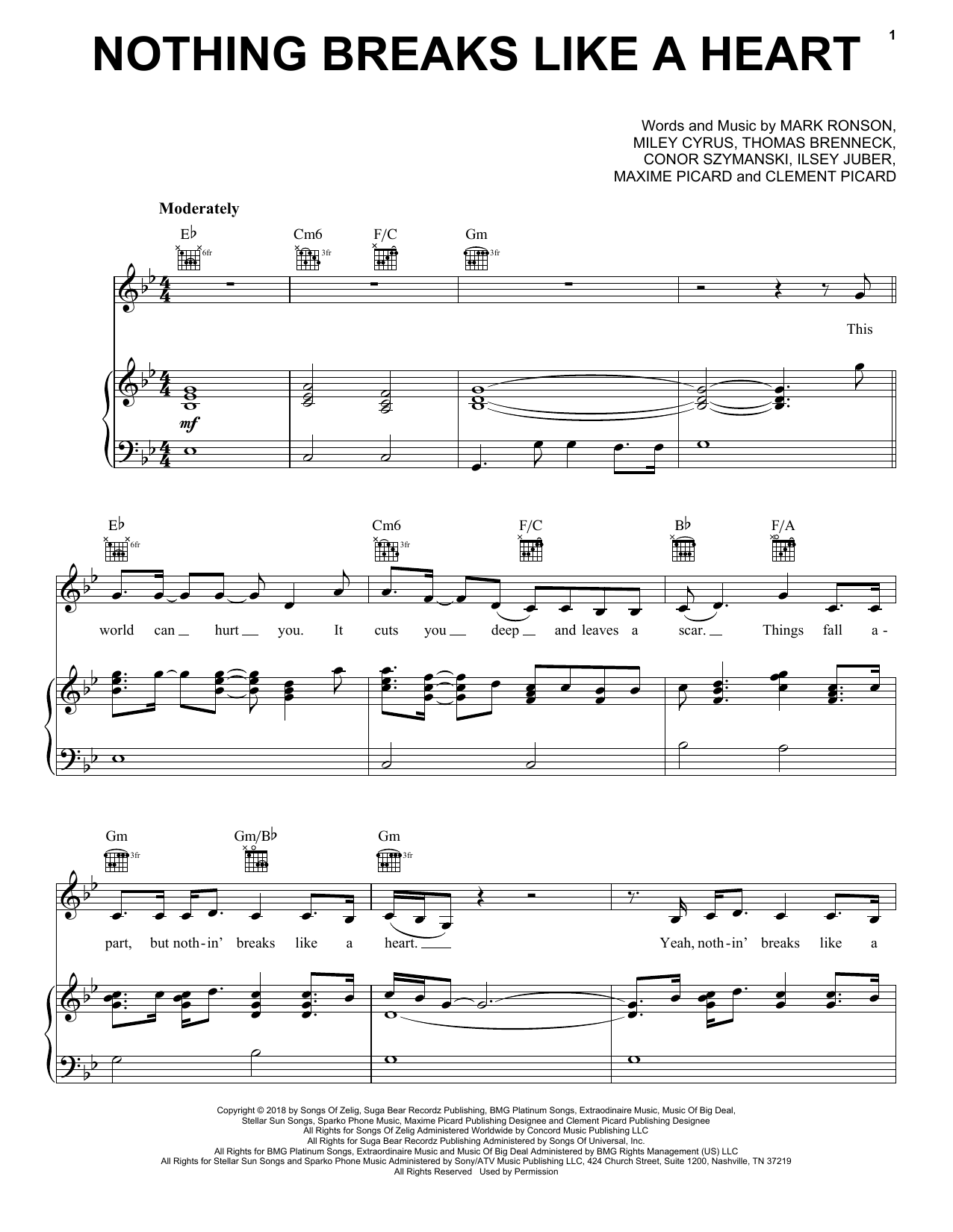 Download Mark Ronson Nothing Breaks Like A Heart (feat. Miley Cyrus) Sheet Music and learn how to play Big Note Piano PDF digital score in minutes