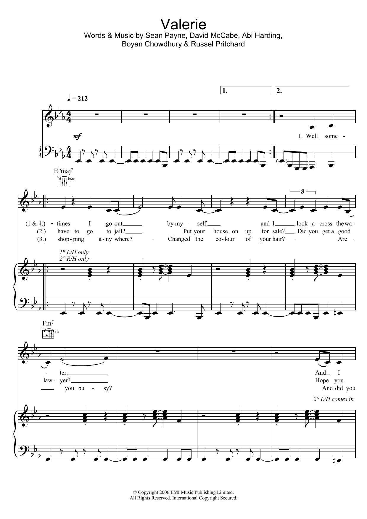 Download Mark Ronson Valerie (feat. Amy Winehouse) Sheet Music and learn how to play Piano, Vocal & Guitar PDF digital score in minutes