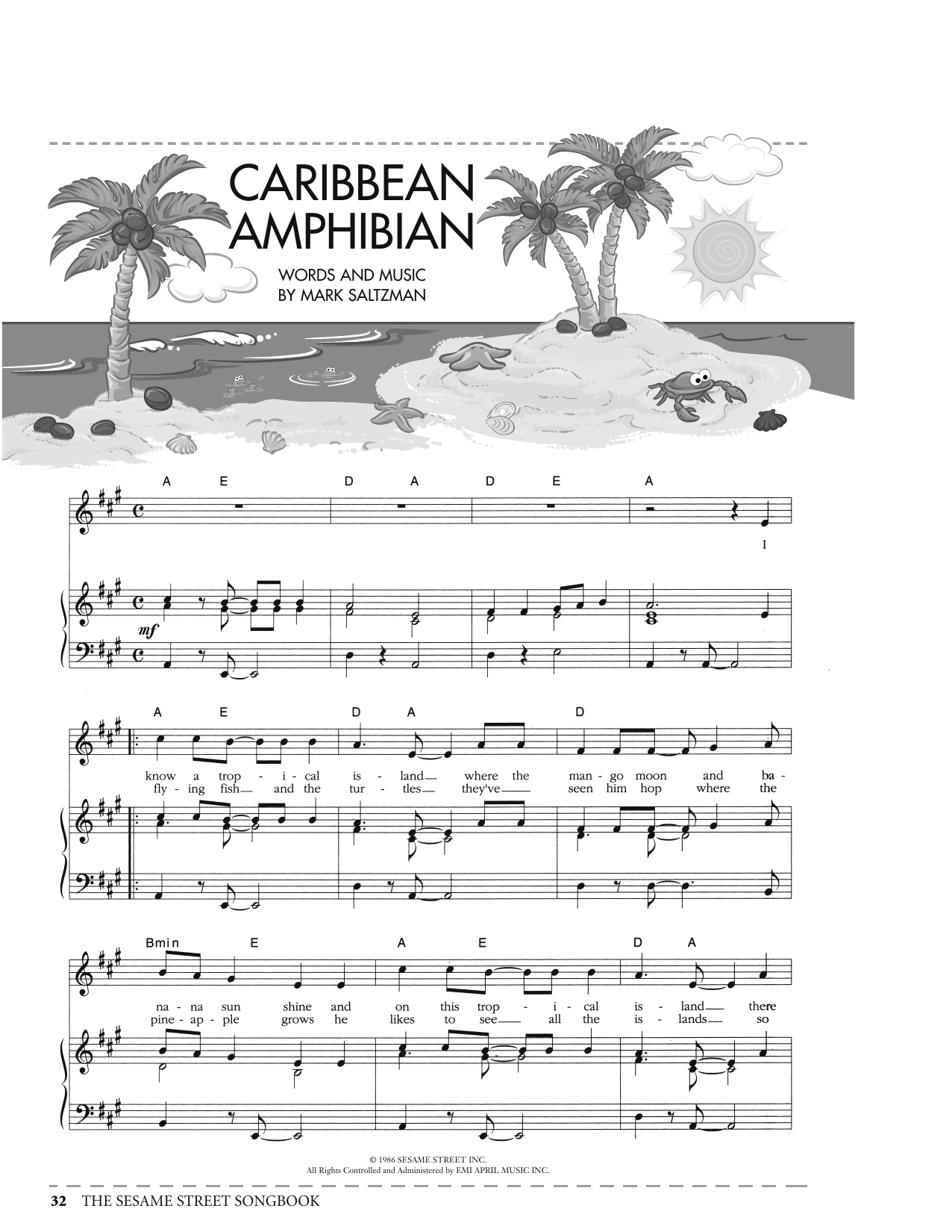 Download Mark Saltzman Caribbean Amphibian (from Sesame Street) Sheet Music and learn how to play Piano, Vocal & Guitar Chords (Right-Hand Melody) PDF digital score in minutes