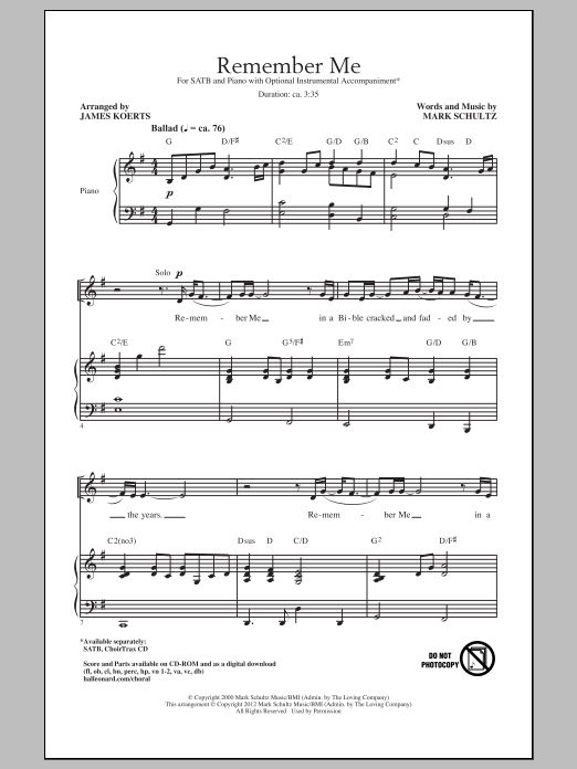 Download Mark Schultz Remember Me Sheet Music and learn how to play SATB PDF digital score in minutes