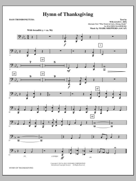 Download Mark Shepperd Hymn Of Thanksgiving - Bass Trombone/Tuba Sheet Music and learn how to play Choir Instrumental Pak PDF digital score in minutes