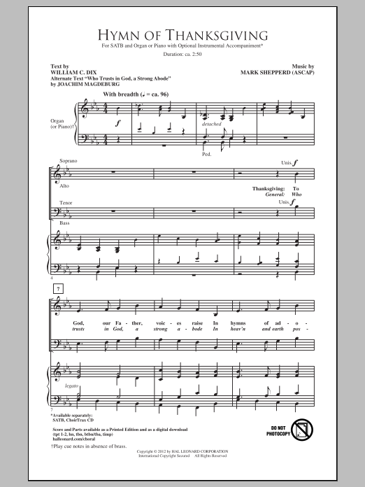 Download Mark Shepperd Hymn Of Thanksgiving Sheet Music and learn how to play SATB PDF digital score in minutes