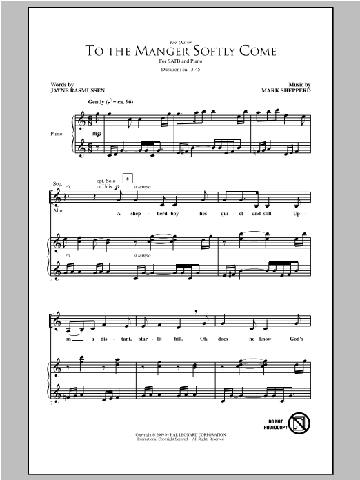Download Mark Shepperd To The Manger Softly Come Sheet Music and learn how to play SATB PDF digital score in minutes