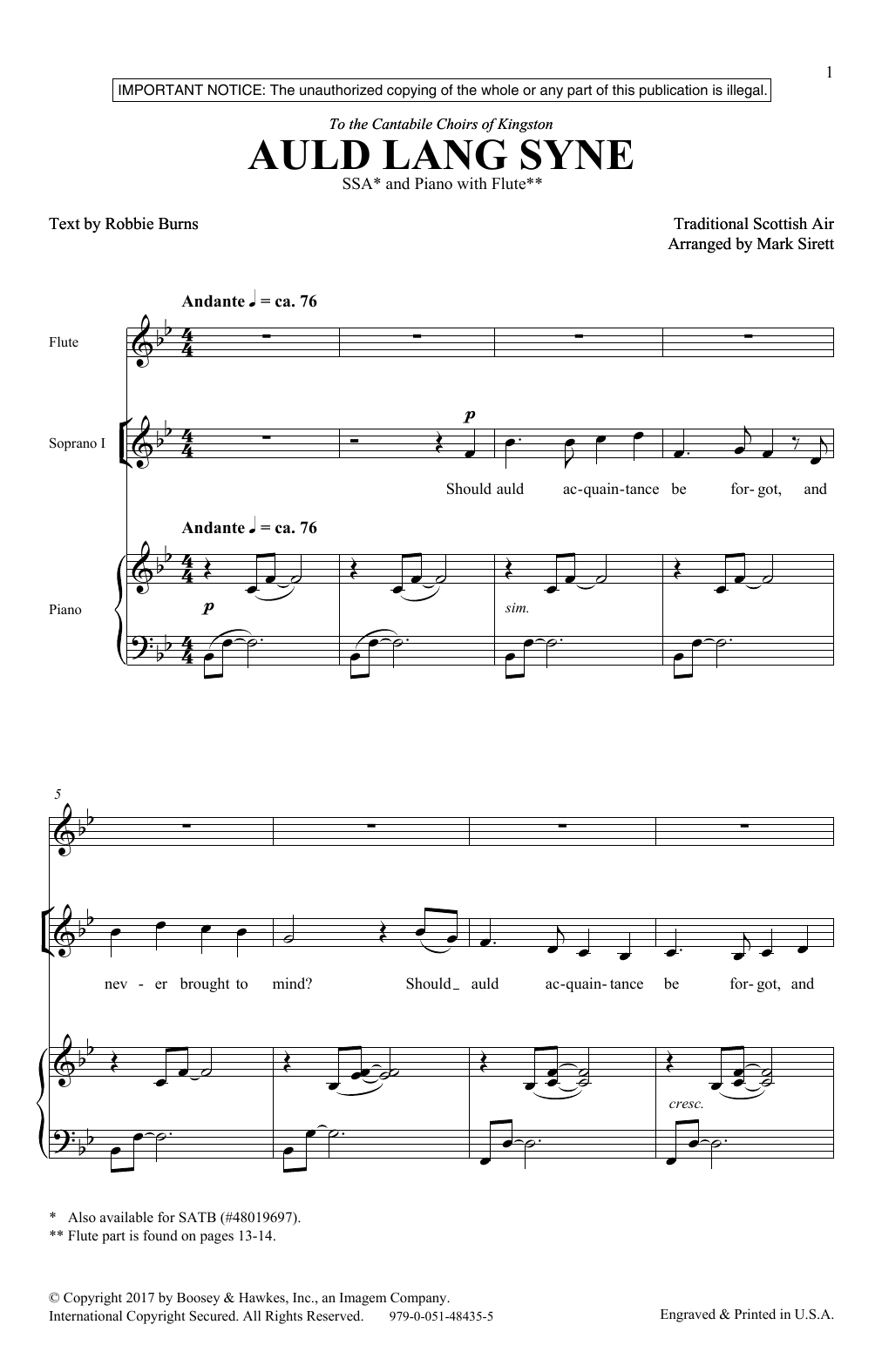 Download Mark Sirett Auld Lang Syne Sheet Music and learn how to play SSA PDF digital score in minutes