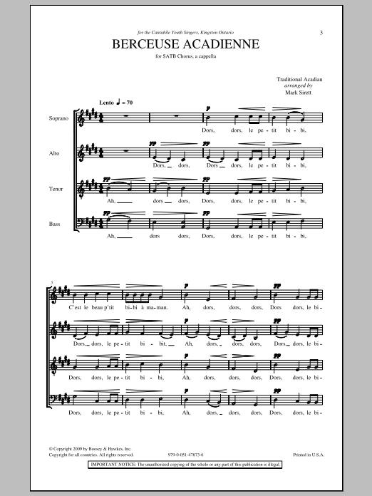 Download Mark Sirett Berceuse Acadienne Sheet Music and learn how to play SATB PDF digital score in minutes
