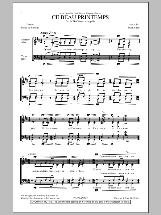 Download Mark Sirett Ce Beau Printemps Sheet Music and learn how to play SATB PDF digital score in minutes