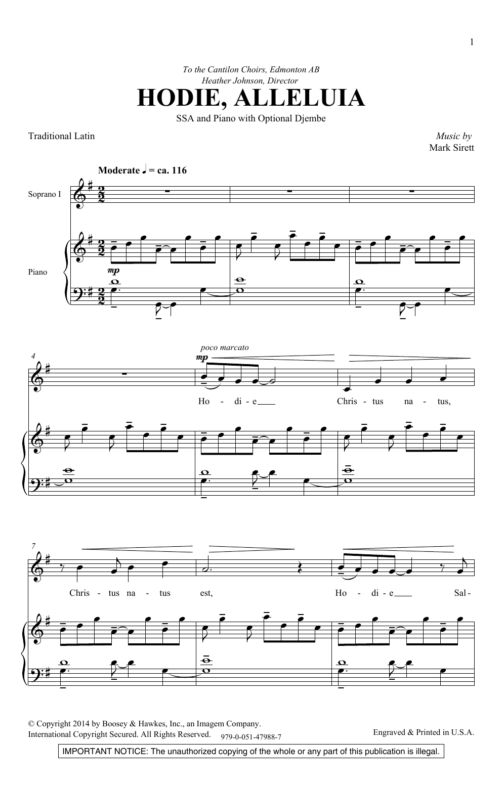 Download Mark Sirett Hodie Alleluia Sheet Music and learn how to play SSA Choir PDF digital score in minutes