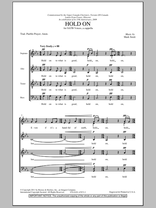 Download Mark Sirett Hold On Sheet Music and learn how to play SATB PDF digital score in minutes
