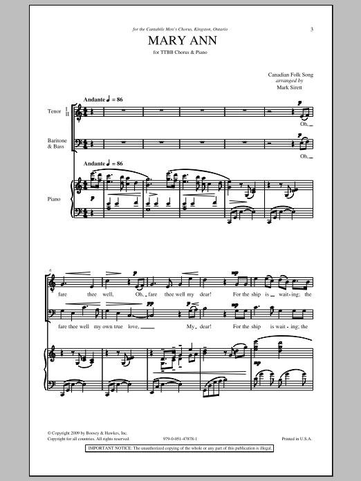Download Traditional Folksong Mary Ann (arr. Mark Sirett) Sheet Music and learn how to play TTBB PDF digital score in minutes