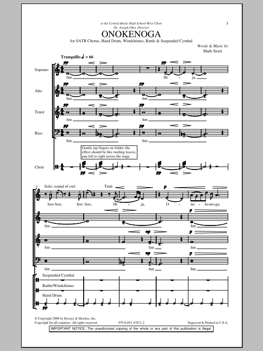 Download Mark Sirett Onokenoga Sheet Music and learn how to play SATB PDF digital score in minutes