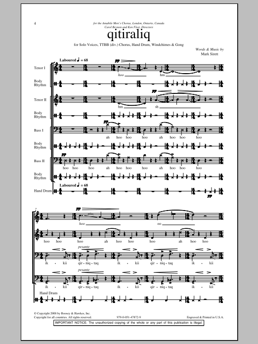 Download Mark Sirett Qitiraliq (Midnight) Sheet Music and learn how to play TTBB PDF digital score in minutes