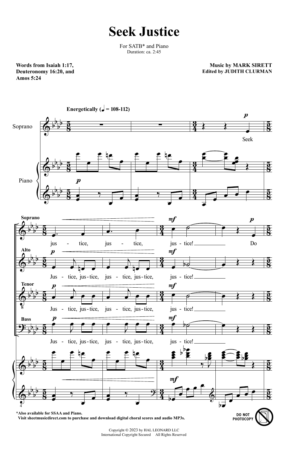 Download Mark Sirett Seek Justice Sheet Music and learn how to play SSAA Choir PDF digital score in minutes