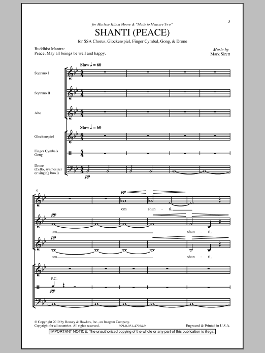 Download Mark Sirett Shanti (Peace) Sheet Music and learn how to play SSA PDF digital score in minutes