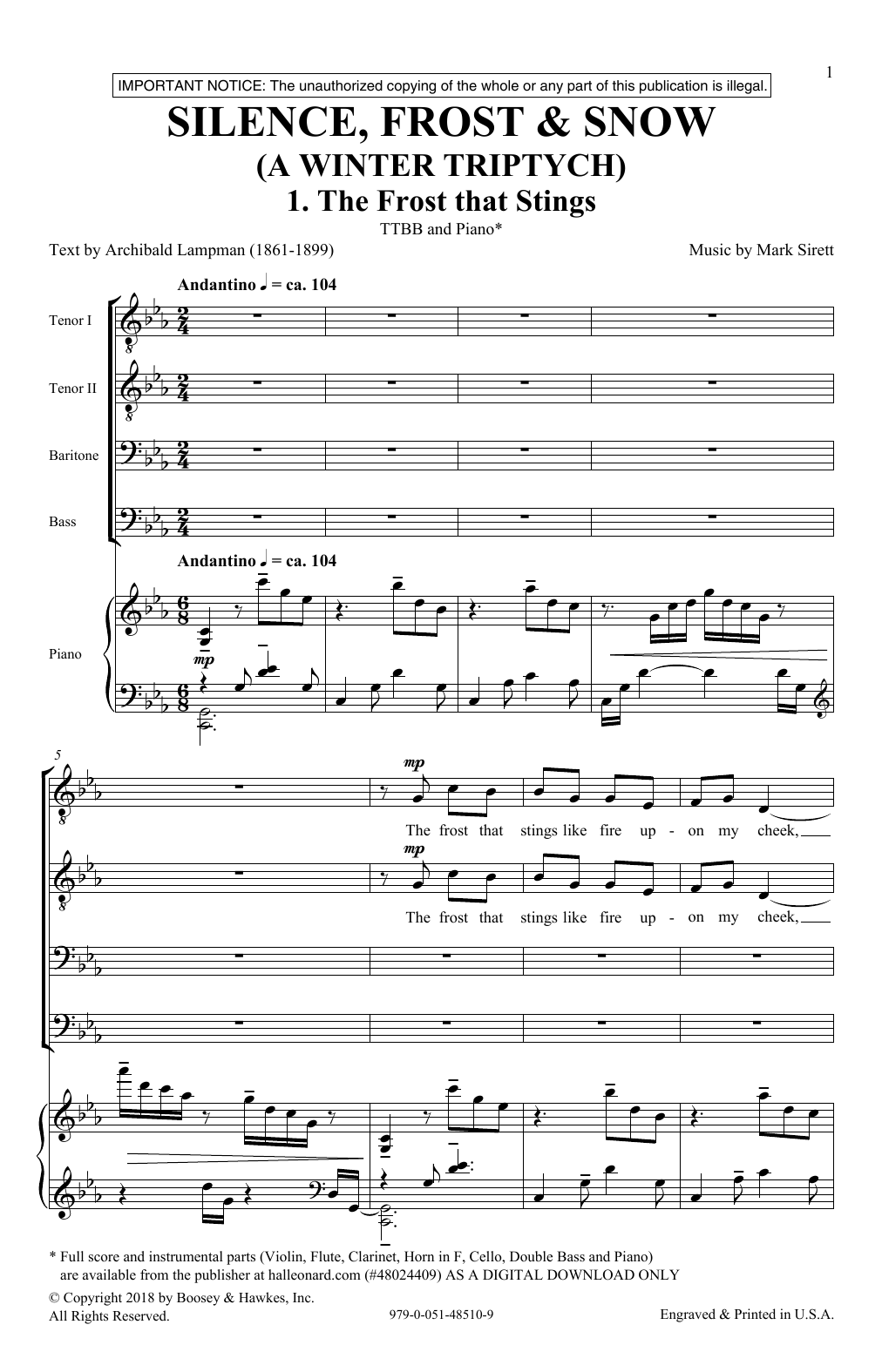 Download Mark Sirett Silence, Frost & Beauty (A Winter Triptych) Sheet Music and learn how to play TTBB Choir PDF digital score in minutes