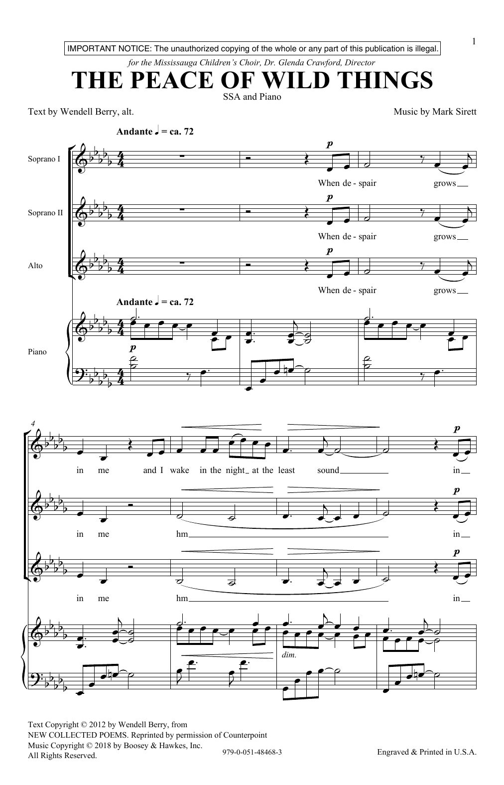 Download Mark Sirett The Peace Of Wild Things Sheet Music and learn how to play SSA Choir PDF digital score in minutes