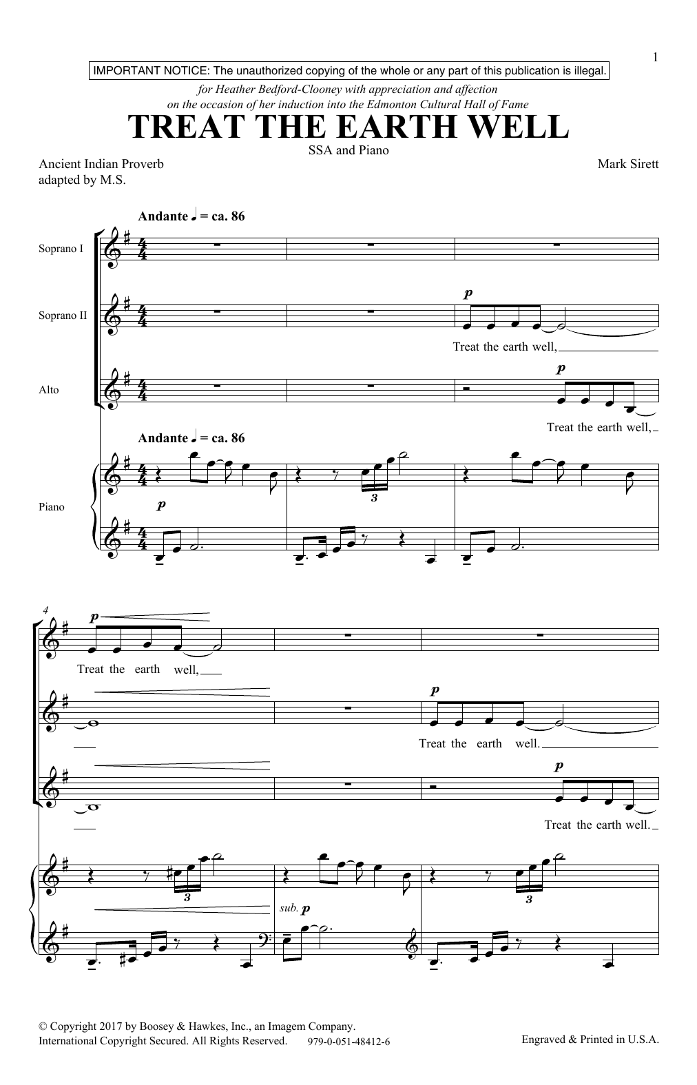 Download Mark Sirett Treat The Earth Well Sheet Music and learn how to play SSA PDF digital score in minutes