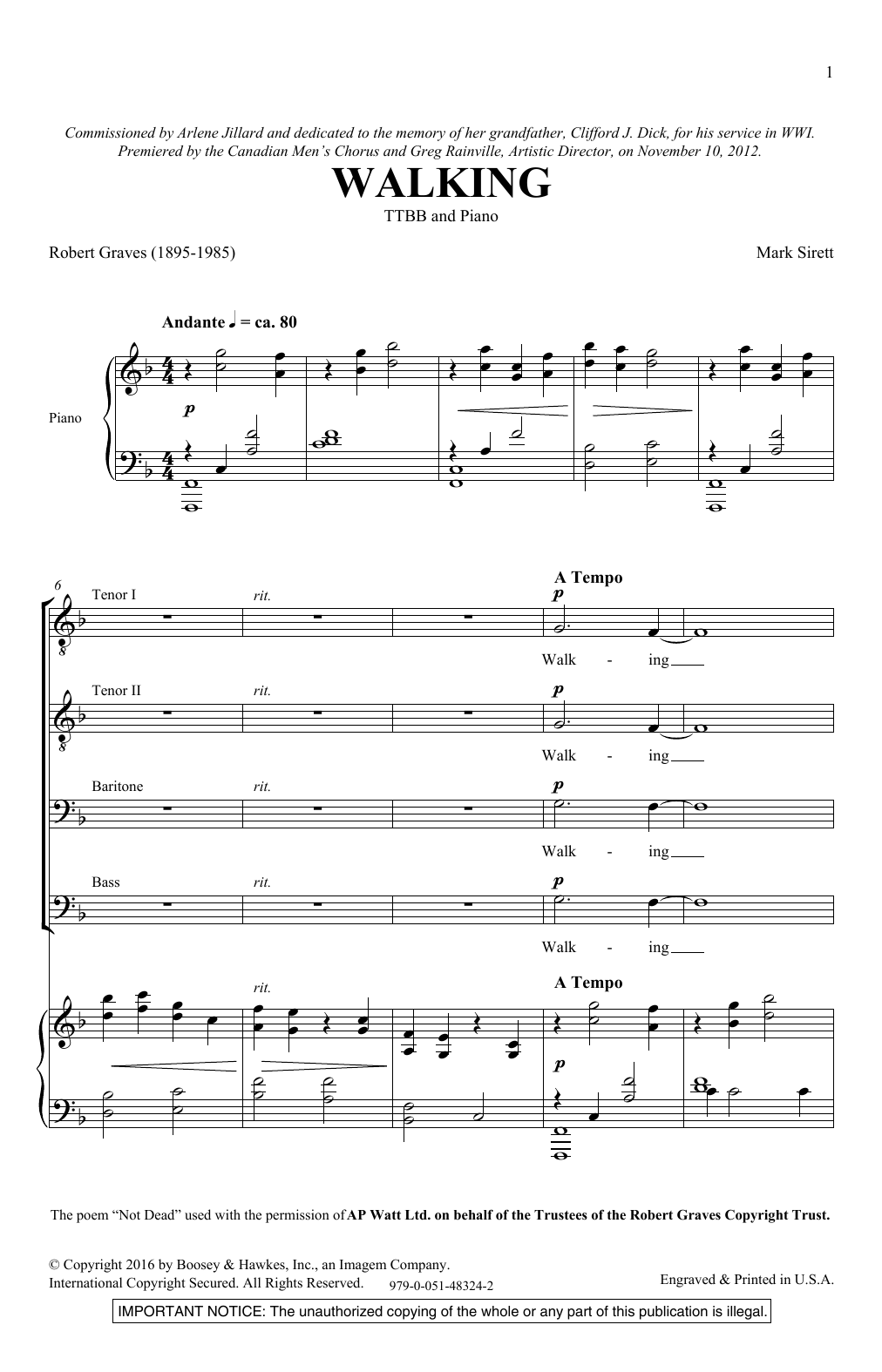 Download Mark Sirett Walking Sheet Music and learn how to play TTBB Choir PDF digital score in minutes