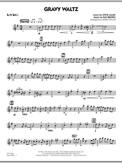 Download Mark Taylor Gravy Waltz - Alto Sax 1 Sheet Music and learn how to play Jazz Ensemble PDF digital score in minutes
