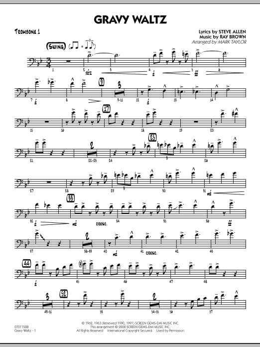 Download Mark Taylor Gravy Waltz - Trombone 1 Sheet Music and learn how to play Jazz Ensemble PDF digital score in minutes