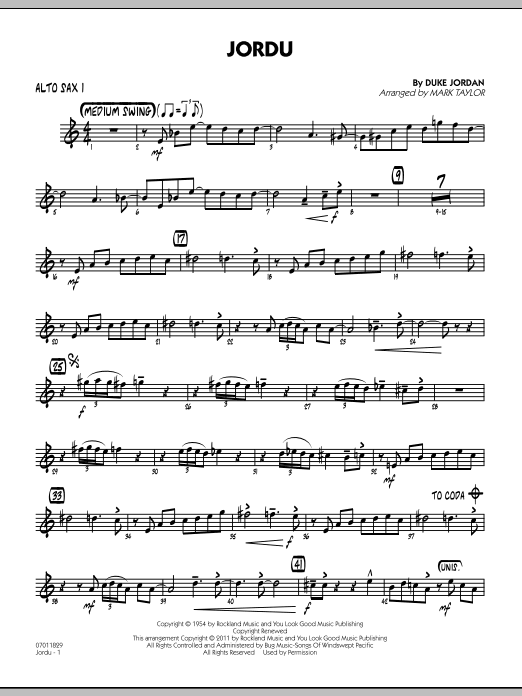 Download Mark Taylor Jordu - Alto Sax 1 Sheet Music and learn how to play Jazz Ensemble PDF digital score in minutes
