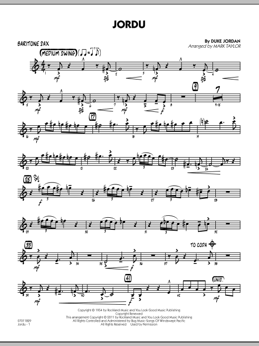 Download Mark Taylor Jordu - Baritone Sax Sheet Music and learn how to play Jazz Ensemble PDF digital score in minutes