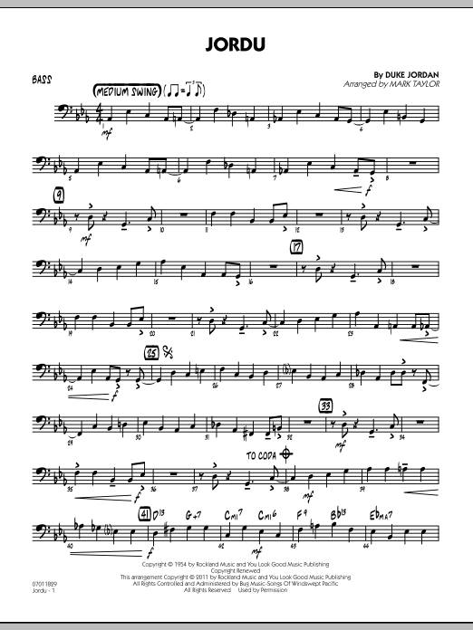 Download Mark Taylor Jordu - Bass Sheet Music and learn how to play Jazz Ensemble PDF digital score in minutes
