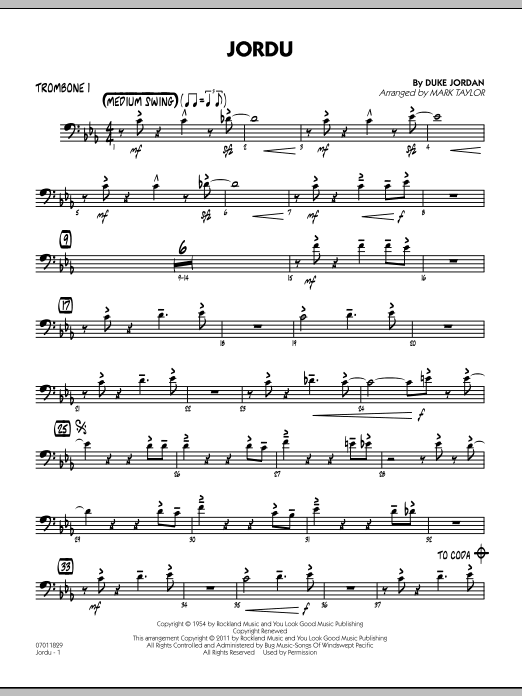 Download Mark Taylor Jordu - Trombone 1 Sheet Music and learn how to play Jazz Ensemble PDF digital score in minutes