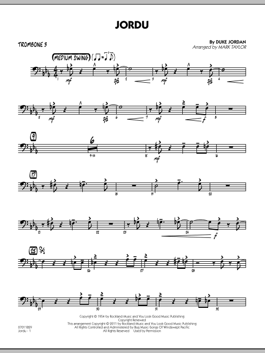 Download Mark Taylor Jordu - Trombone 3 Sheet Music and learn how to play Jazz Ensemble PDF digital score in minutes