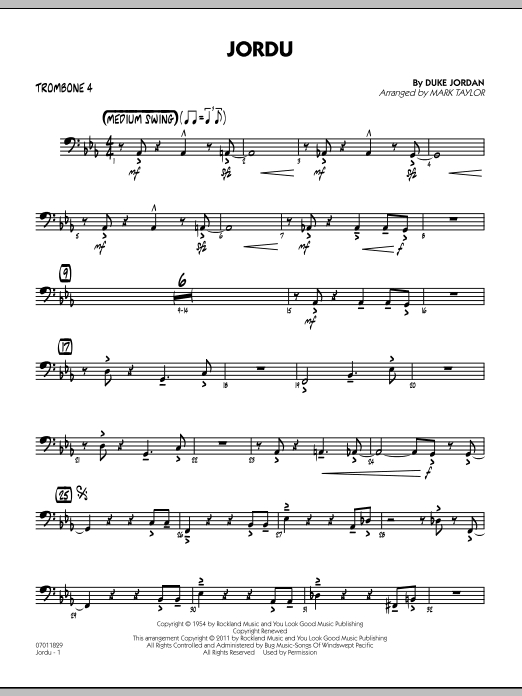Download Mark Taylor Jordu - Trombone 4 Sheet Music and learn how to play Jazz Ensemble PDF digital score in minutes