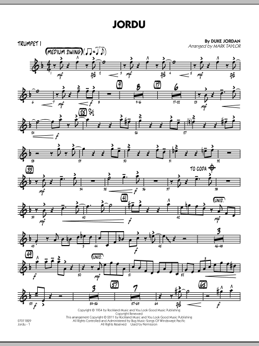 Download Mark Taylor Jordu - Trumpet 1 Sheet Music and learn how to play Jazz Ensemble PDF digital score in minutes