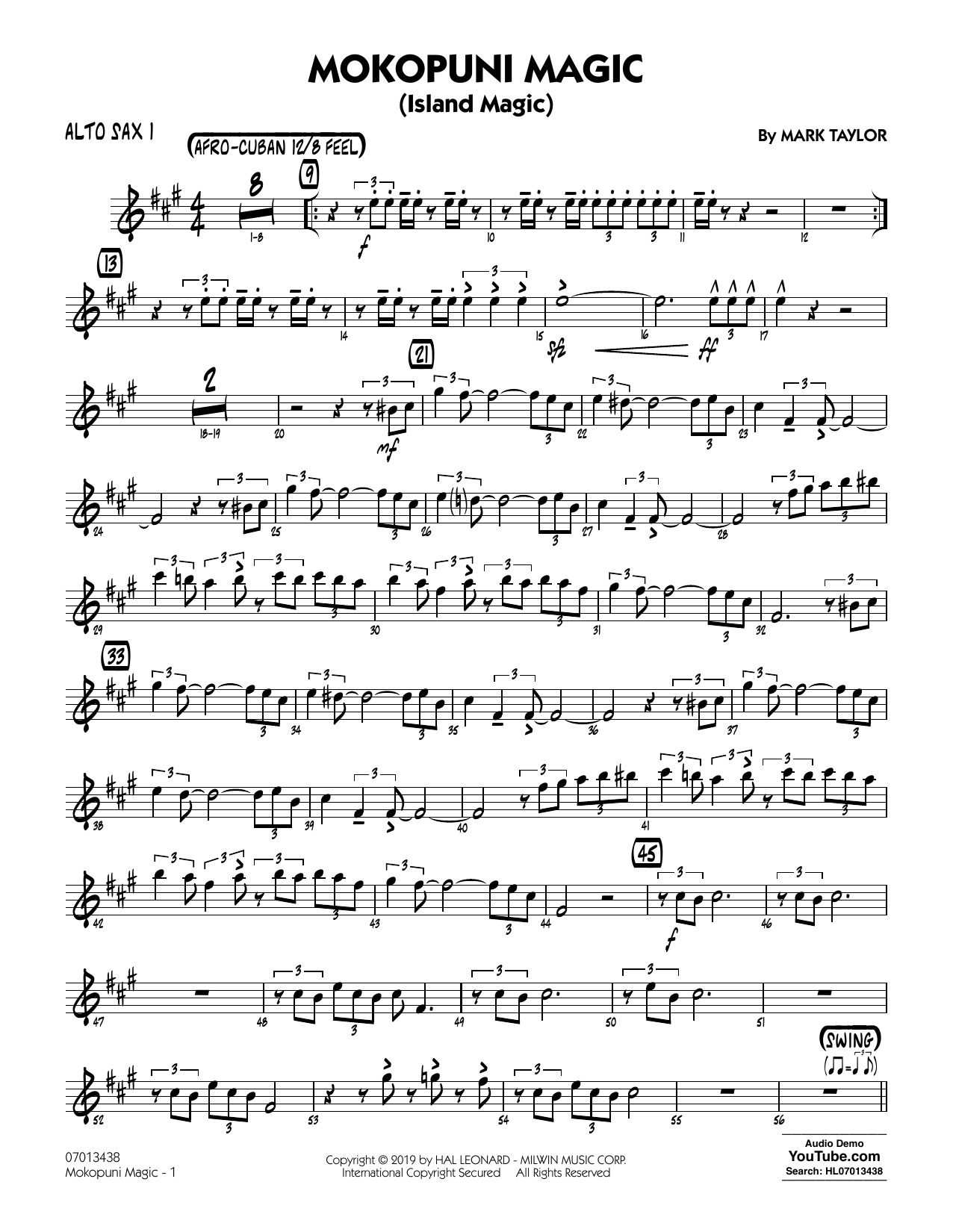 Download Mark Taylor Mokopuni Magic (Island Magic) - Alto Sax 1 Sheet Music and learn how to play Jazz Ensemble PDF digital score in minutes