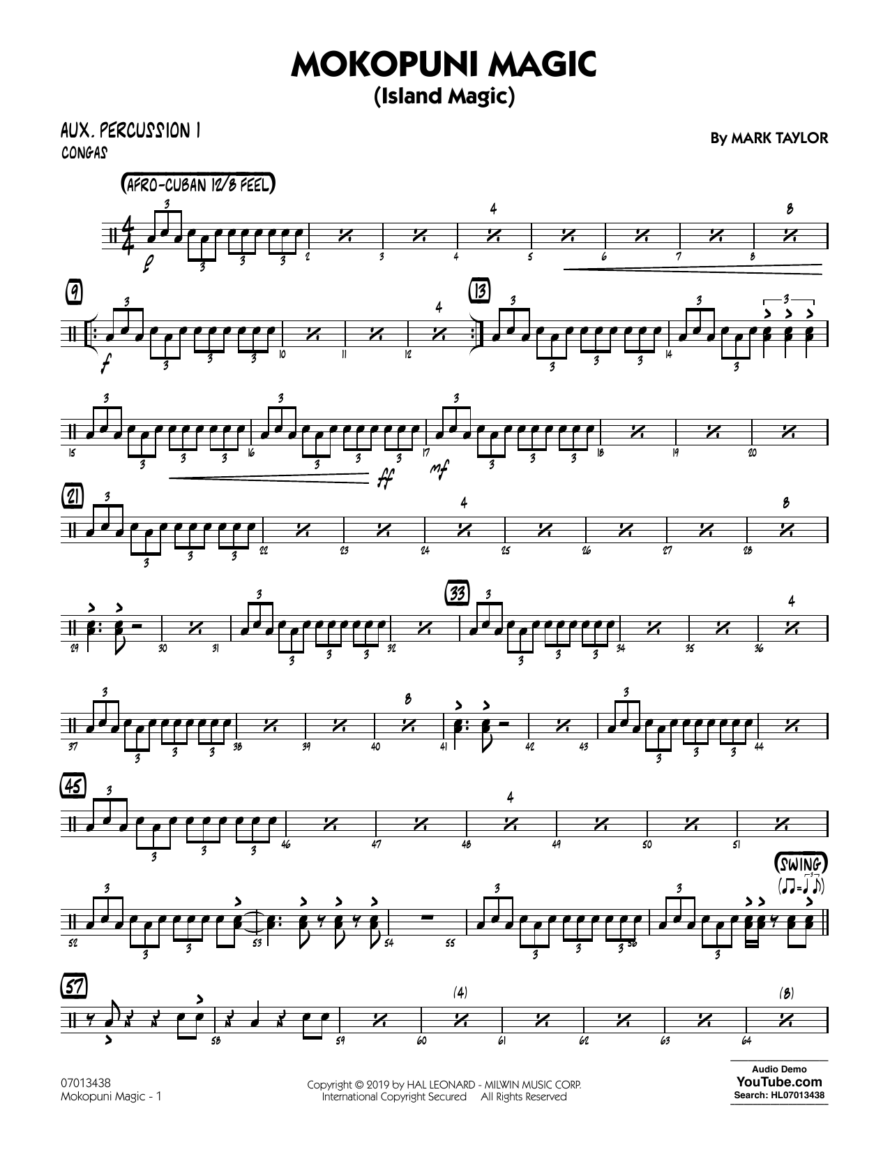 Download Mark Taylor Mokopuni Magic (Island Magic) - Aux. Percussion 1 Sheet Music and learn how to play Jazz Ensemble PDF digital score in minutes