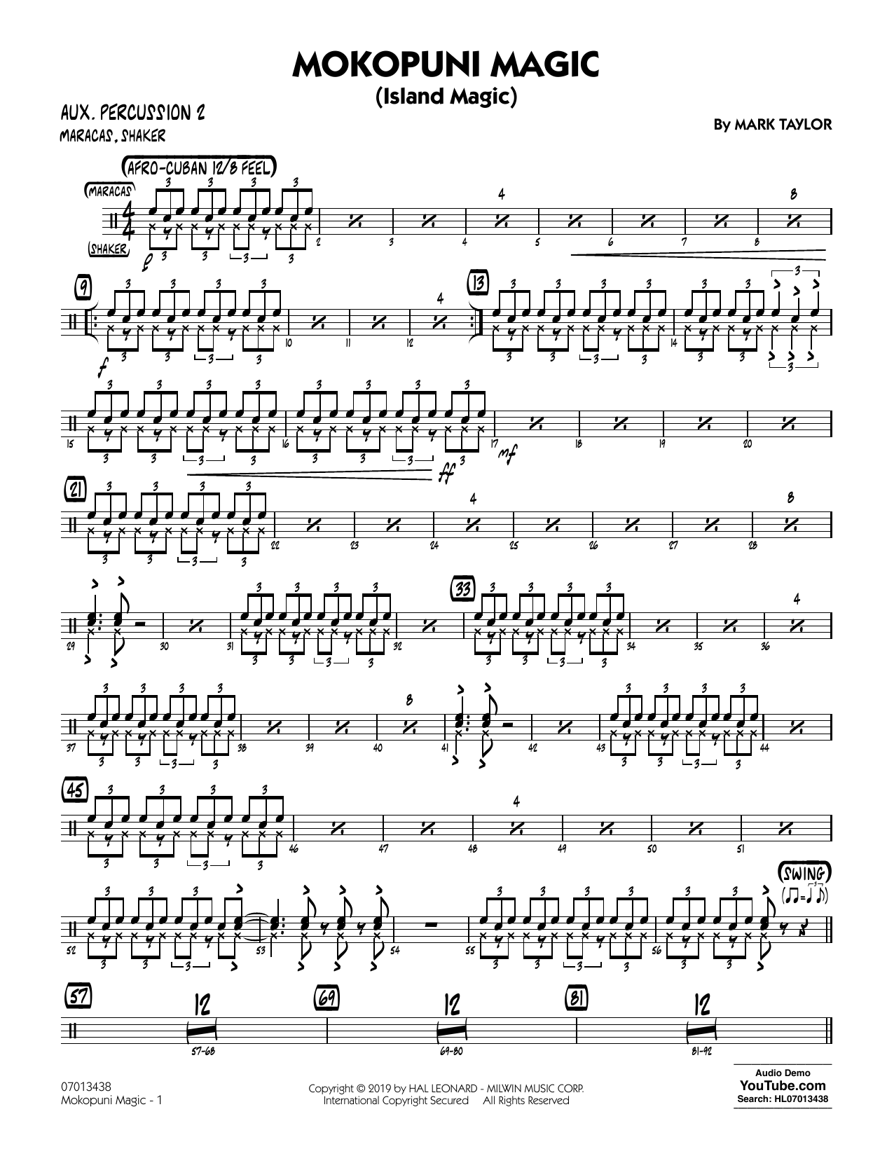 Download Mark Taylor Mokopuni Magic (Island Magic) - Aux. Percussion 2 Sheet Music and learn how to play Jazz Ensemble PDF digital score in minutes