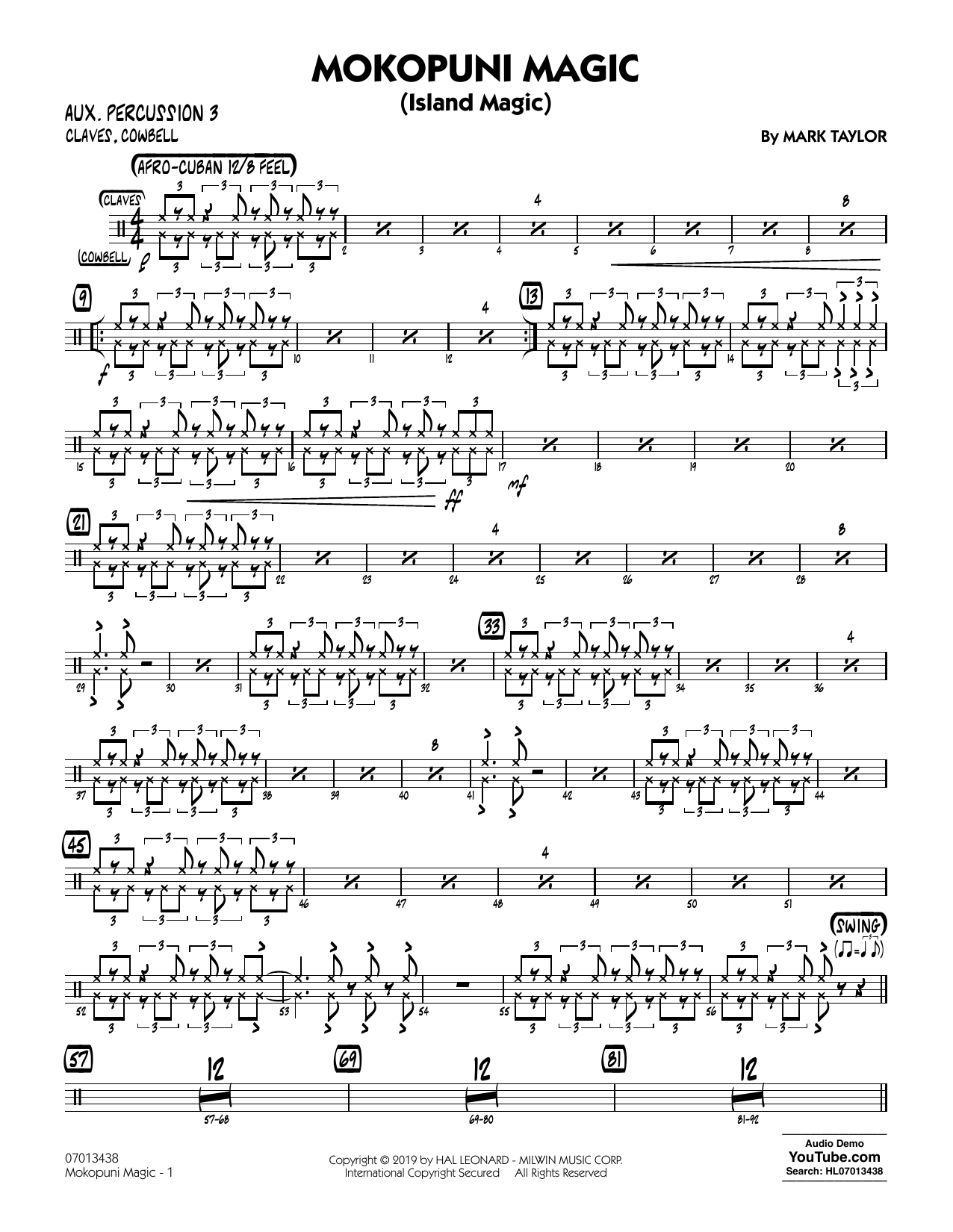 Download Mark Taylor Mokopuni Magic (Island Magic) - Aux. Percussion 3 Sheet Music and learn how to play Jazz Ensemble PDF digital score in minutes
