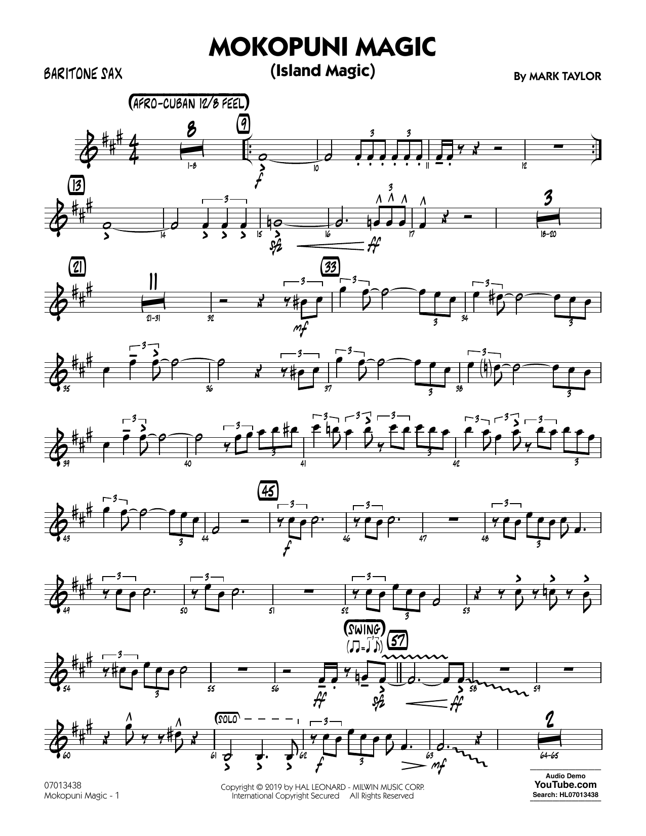 Download Mark Taylor Mokopuni Magic (Island Magic) - Baritone Sax Sheet Music and learn how to play Jazz Ensemble PDF digital score in minutes