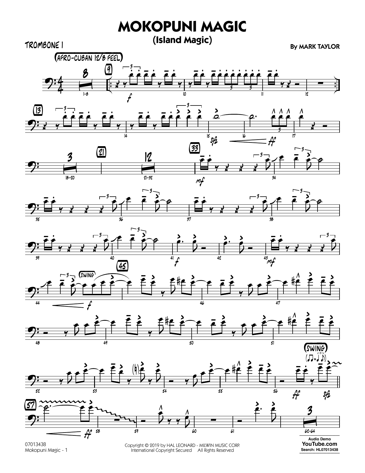 Download Mark Taylor Mokopuni Magic (Island Magic) - Trombone 1 Sheet Music and learn how to play Jazz Ensemble PDF digital score in minutes