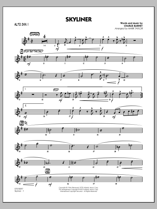 Download Mark Taylor Skyliner - Alto Sax 1 Sheet Music and learn how to play Jazz Ensemble PDF digital score in minutes