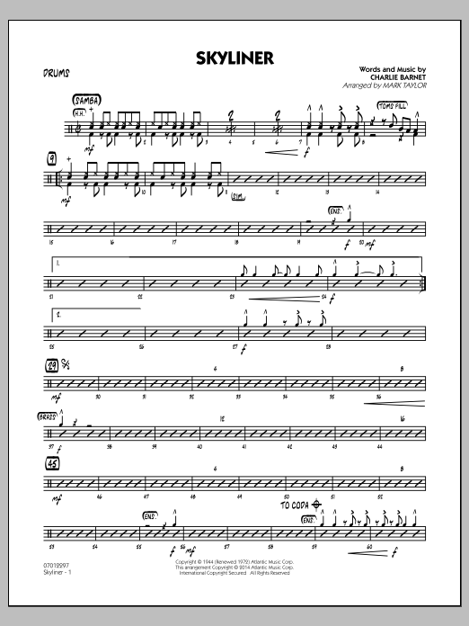 Download Mark Taylor Skyliner - Drums Sheet Music and learn how to play Jazz Ensemble PDF digital score in minutes