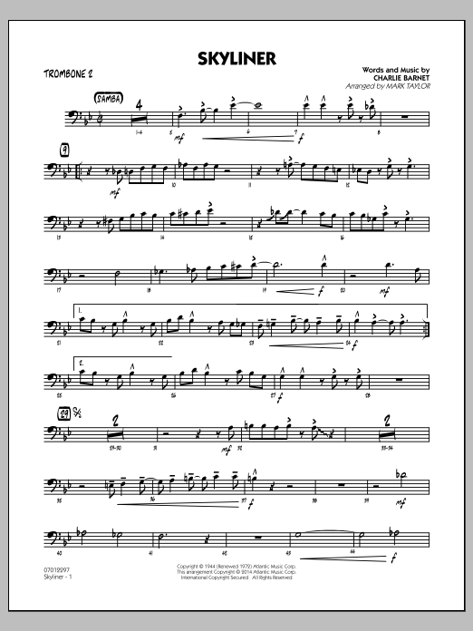 Download Mark Taylor Skyliner - Trombone 2 Sheet Music and learn how to play Jazz Ensemble PDF digital score in minutes