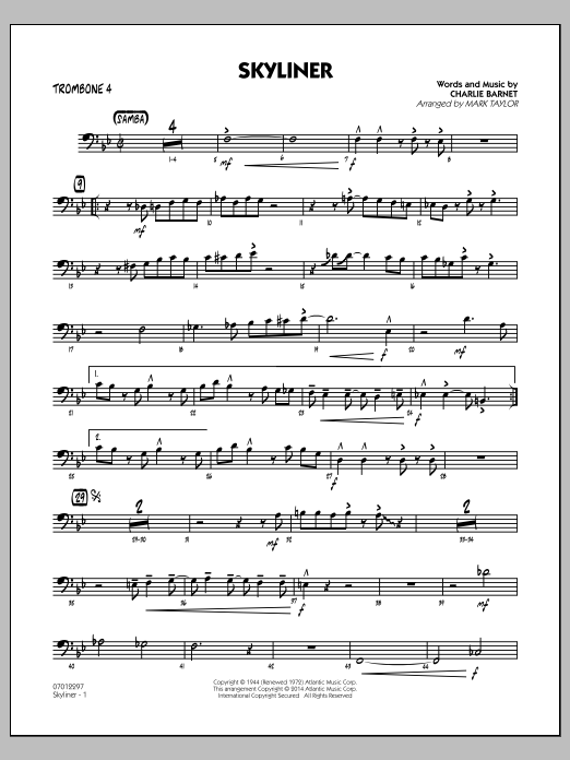 Download Mark Taylor Skyliner - Trombone 4 Sheet Music and learn how to play Jazz Ensemble PDF digital score in minutes