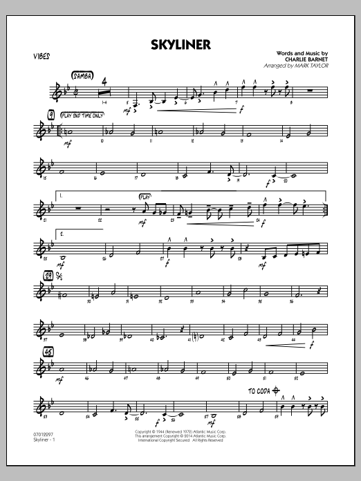 Download Mark Taylor Skyliner - Vibes Sheet Music and learn how to play Jazz Ensemble PDF digital score in minutes