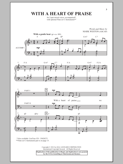 Download Mark Weston With A Heart Of Praise Sheet Music and learn how to play 2-Part Choir PDF digital score in minutes