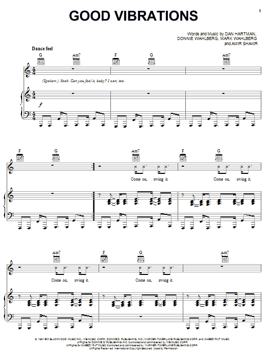 Download Marky Mark And The Funky Bunch Good Vibrations Sheet Music and learn how to play Piano, Vocal & Guitar (Right-Hand Melody) PDF digital score in minutes