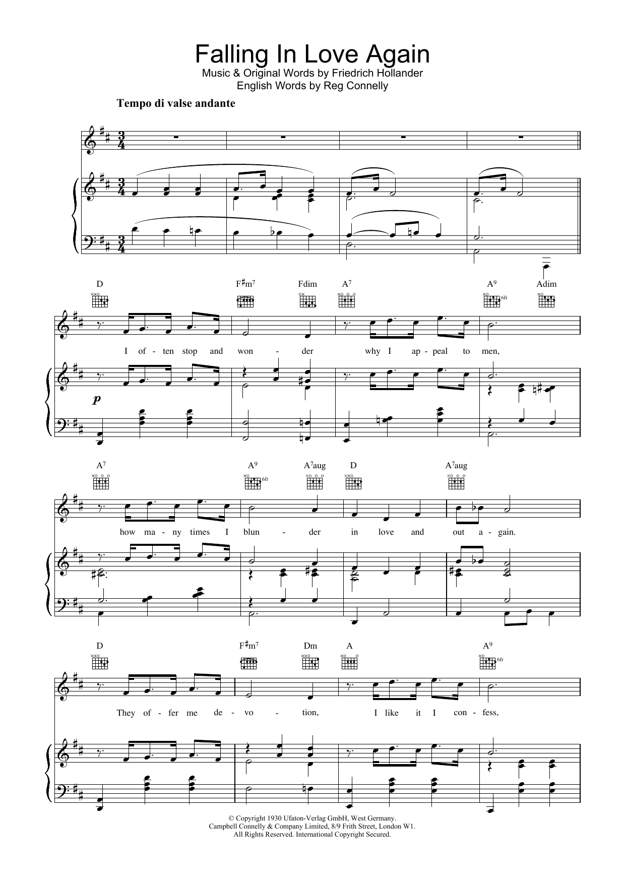 Download Marlene Dietrich Falling In Love Again Sheet Music and learn how to play Easy Piano PDF digital score in minutes