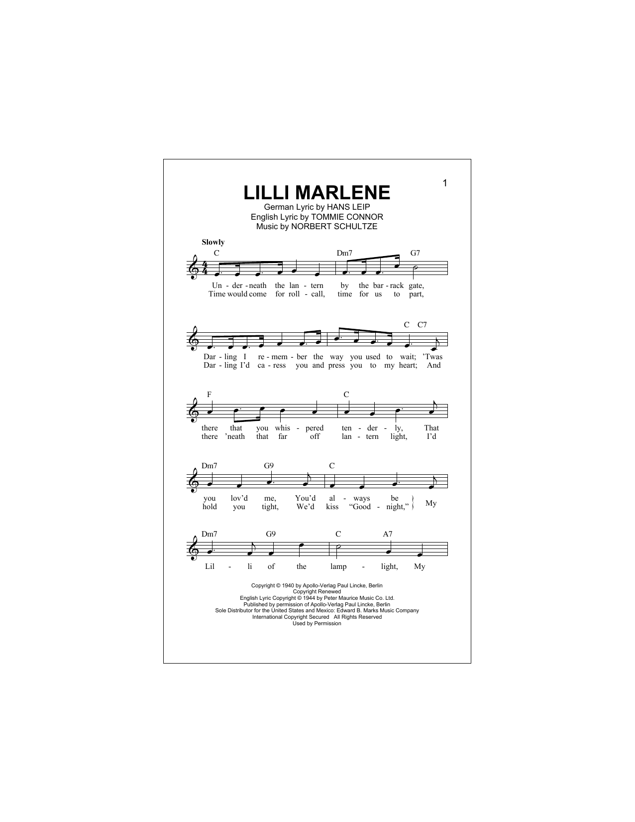Download Marlene Dietrich Lilli Marlene (Lili Marleen) Sheet Music and learn how to play Real Book – Melody & Chords PDF digital score in minutes