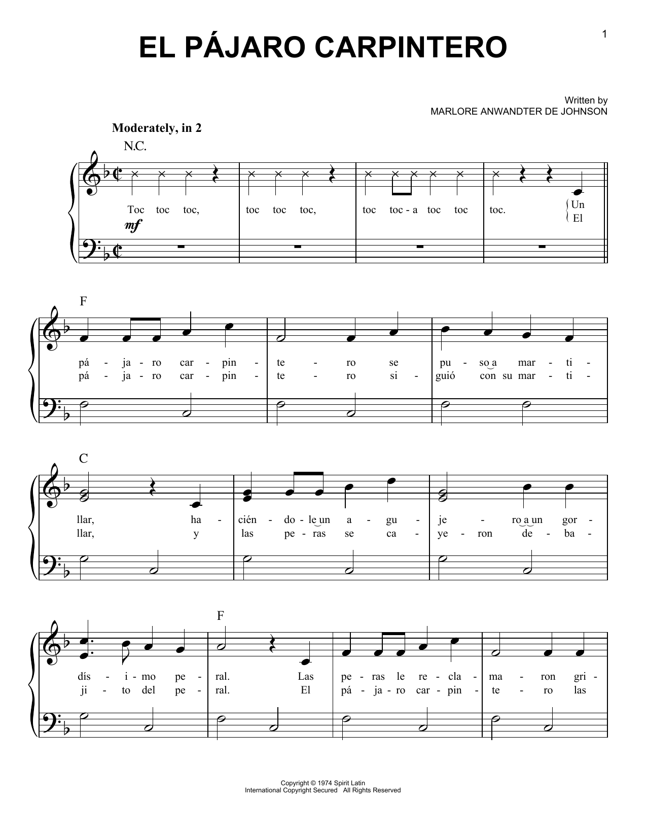 Download Marlore Anwandter de Johnson El Pajaro Carpintero Sheet Music and learn how to play Easy Piano PDF digital score in minutes