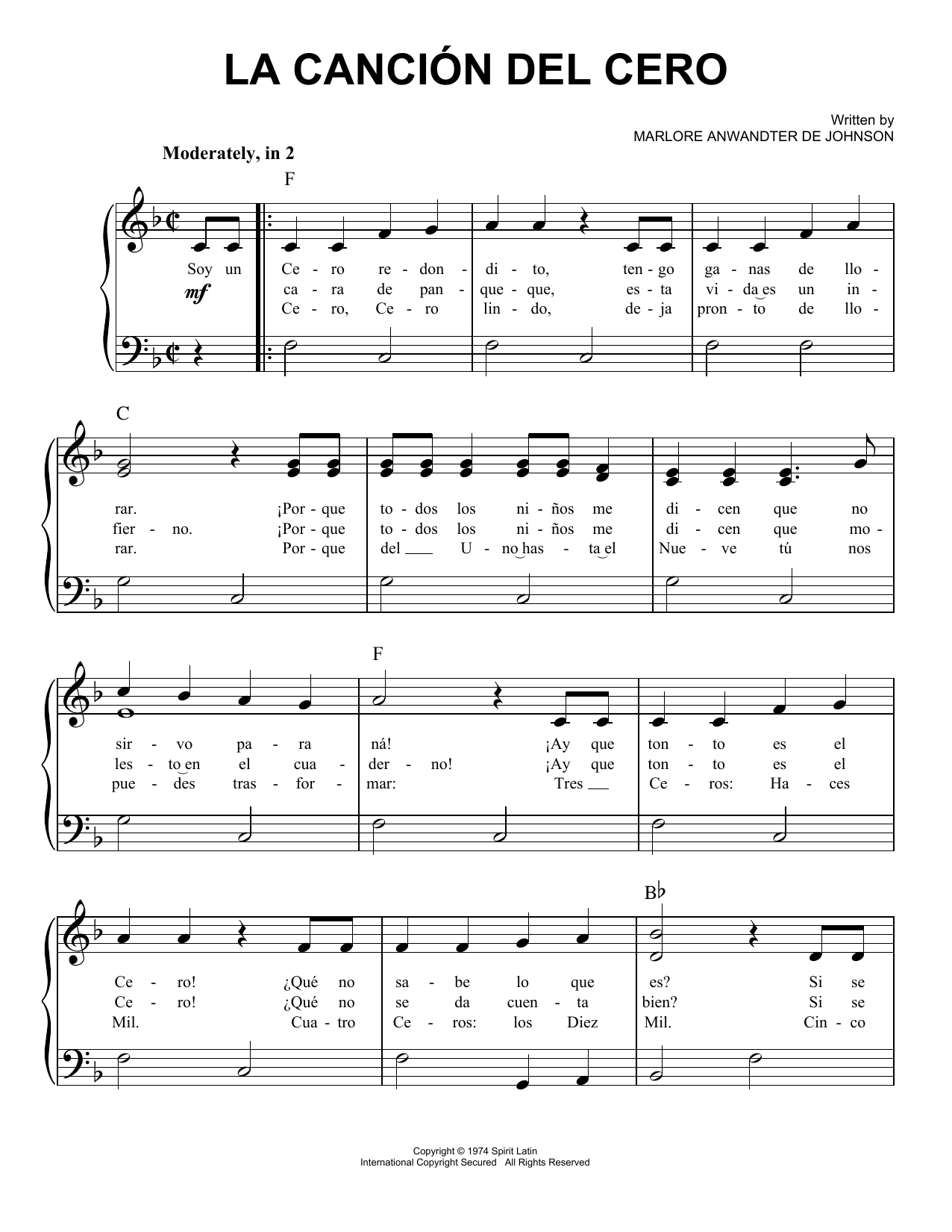 Download Marlore Anwandter de Johnson La Cancion Del Cero Sheet Music and learn how to play Easy Piano PDF digital score in minutes