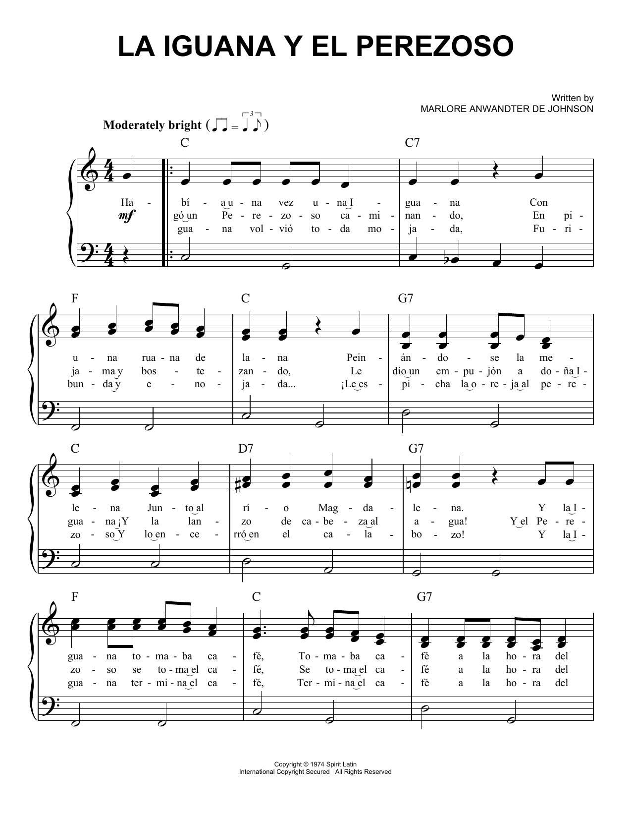 Download Marlore Anwandter de Johnson La Iguana Y El Perezoso Sheet Music and learn how to play Easy Piano PDF digital score in minutes