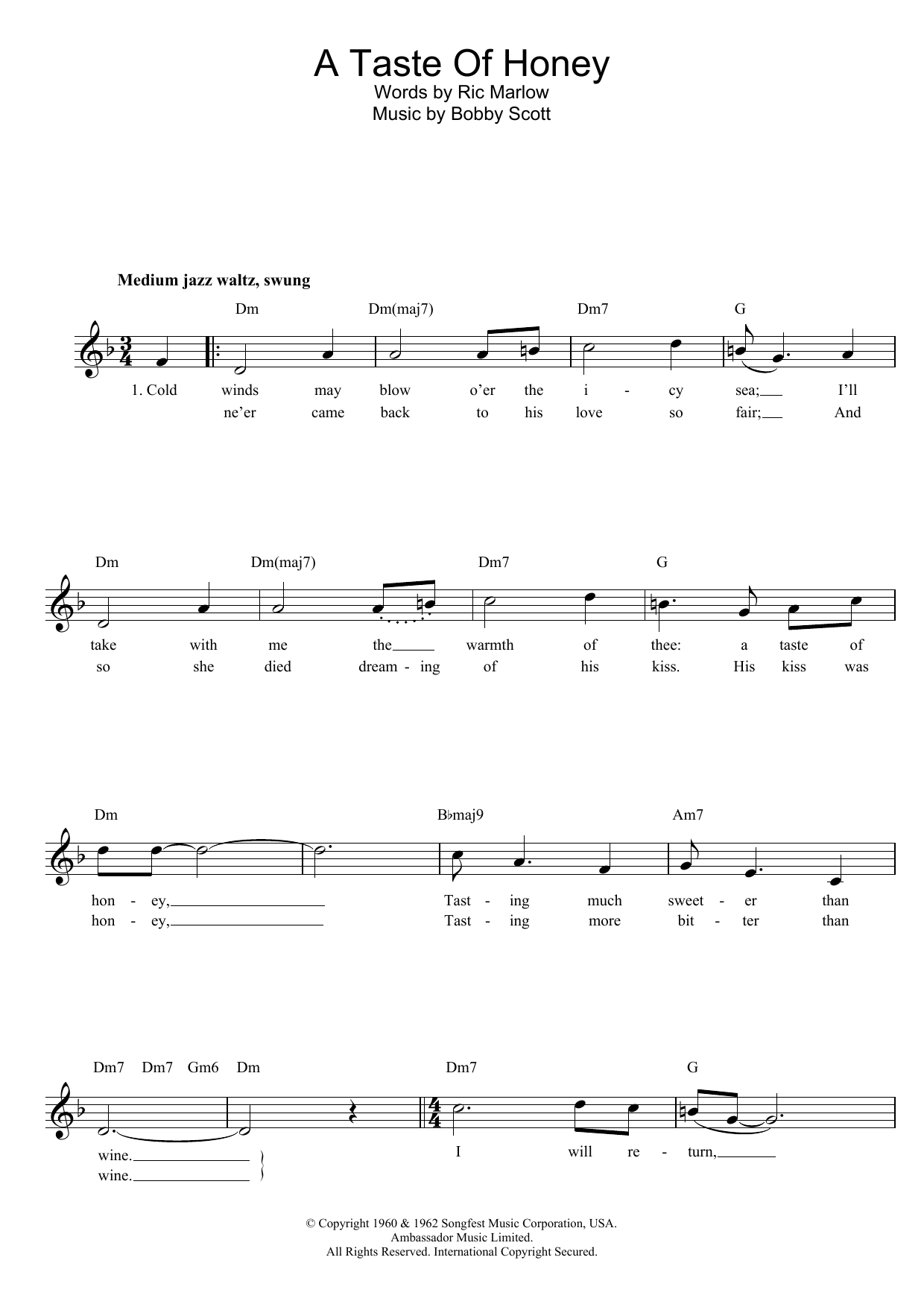Download Marlow And Scott A Taste Of Honey Sheet Music and learn how to play Melody Line, Lyrics & Chords PDF digital score in minutes
