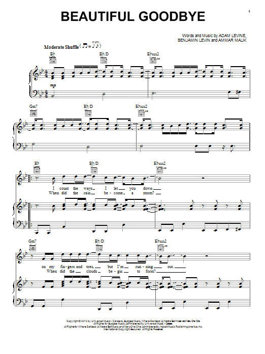 Download Maroon 5 Beautiful Goodbye Sheet Music and learn how to play Piano, Vocal & Guitar (Right-Hand Melody) PDF digital score in minutes